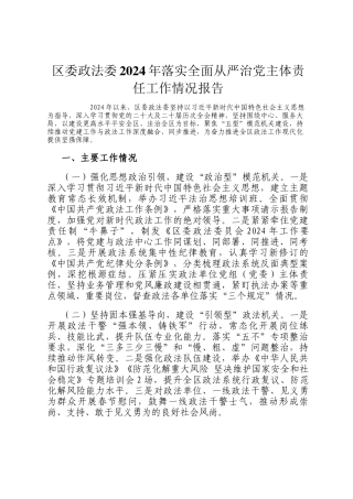 区委政法委2024年落实全面从严治党主体责任工作情况报告