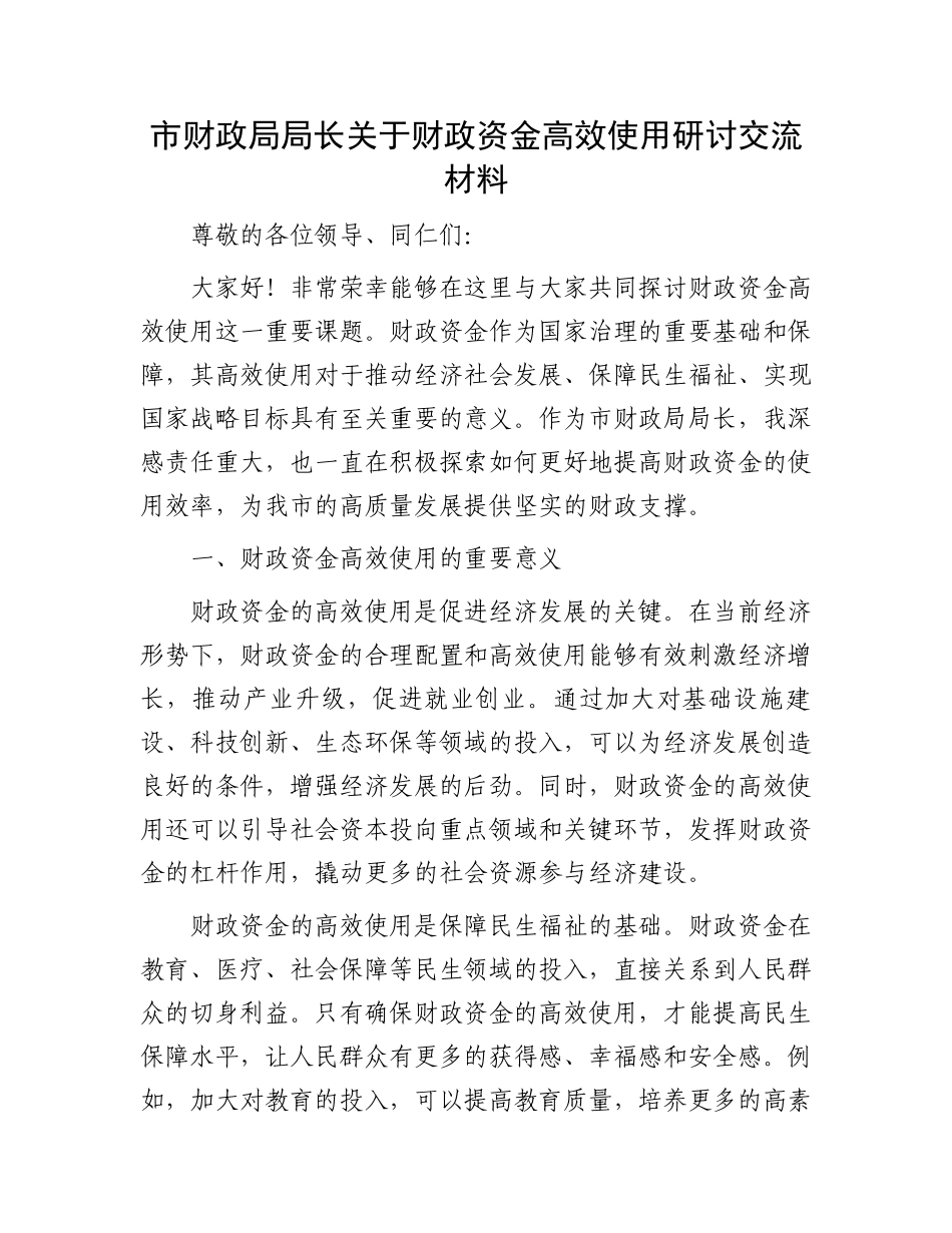 市财政局局长关于财政资金高效使用研讨交流材料_第1页