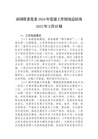 市国资委党委2024年党建工作情况总结及2025年工作计划