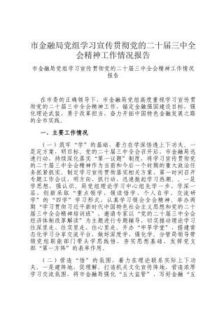 市金融局党组学习宣传贯彻党的二十届三中全会精神工作情况报告