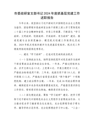市委政研室支部书记2024年度抓基层党建工作述职报告