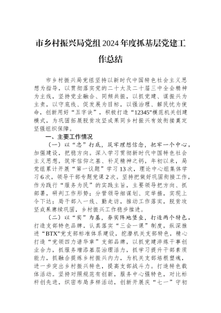 市乡村振兴局党组2024年度抓基层党建工作总结