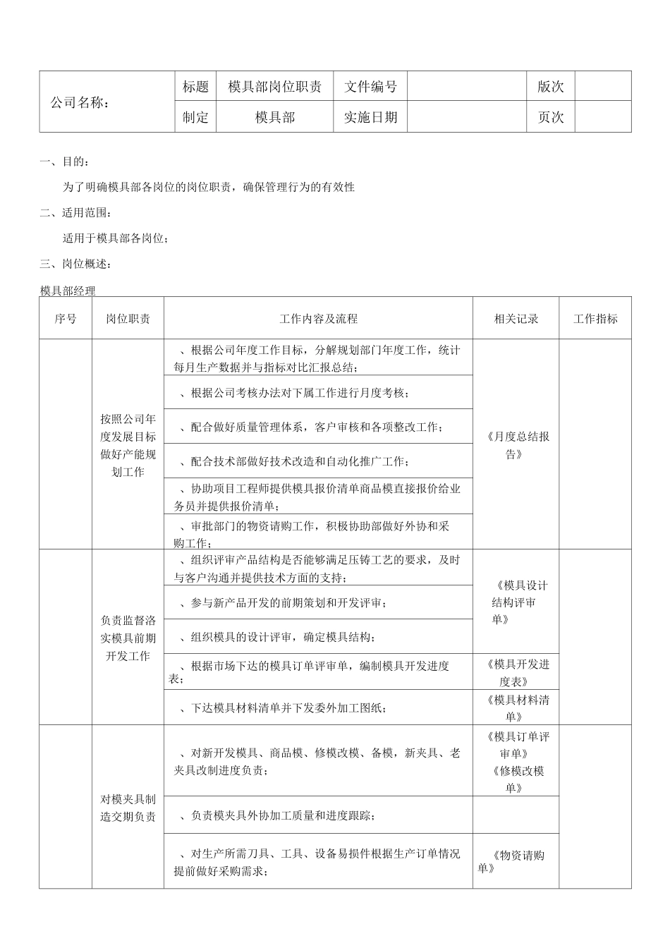 模具部岗位职责_第1页