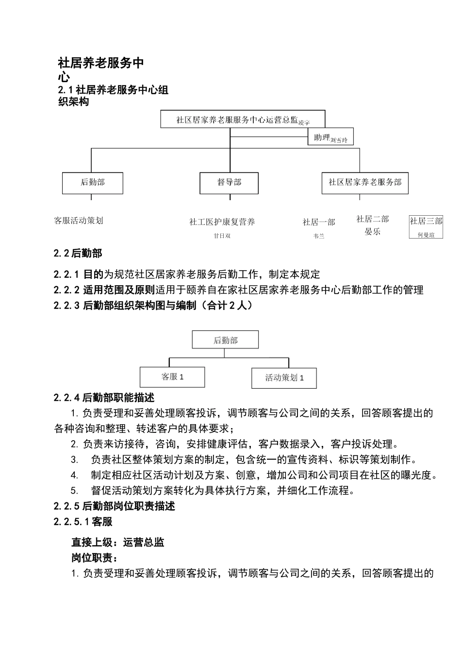 颐养自在家社区居家养老服务中心组织架构及编制岗位_第1页