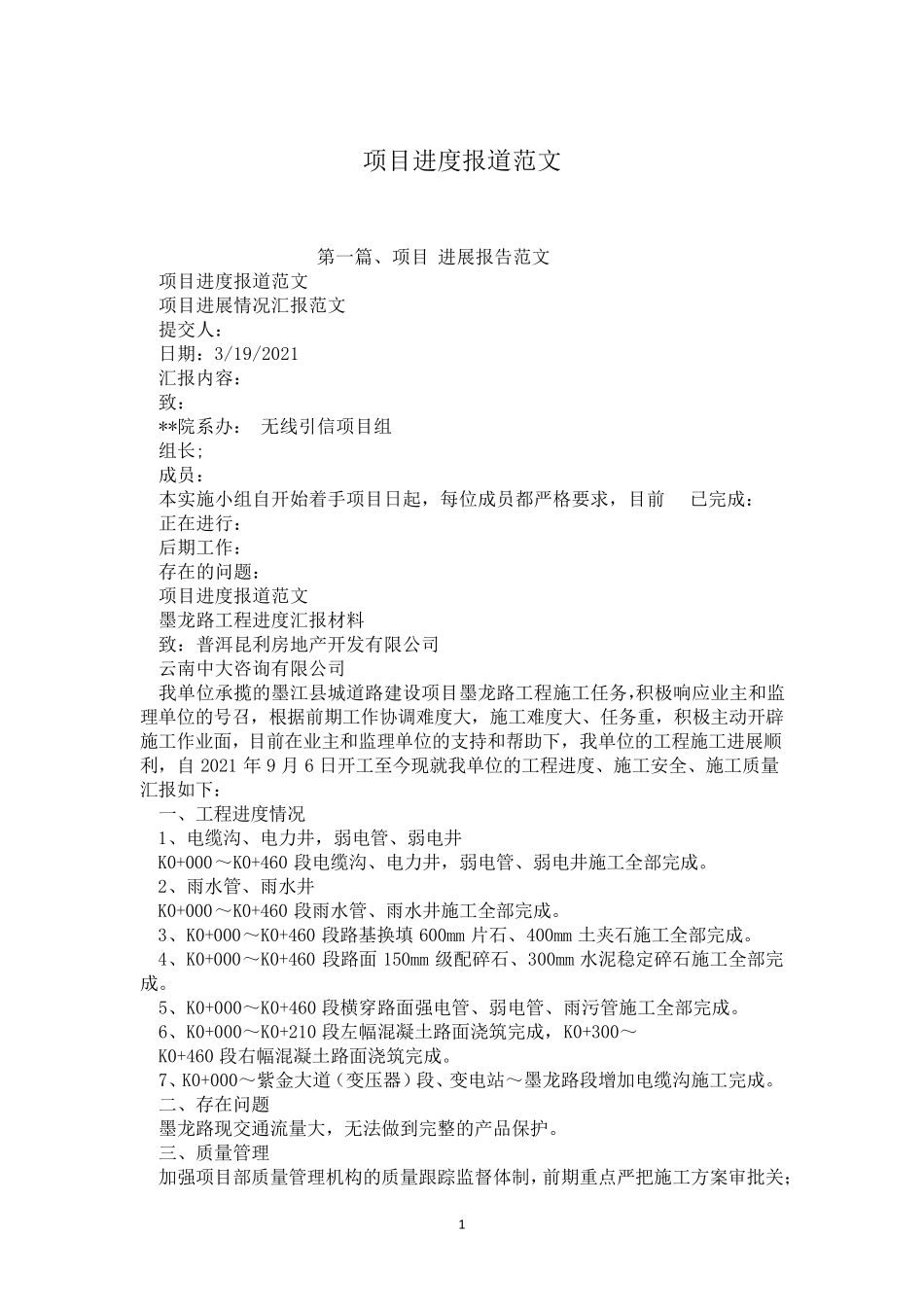 项目进度报道范文_第1页