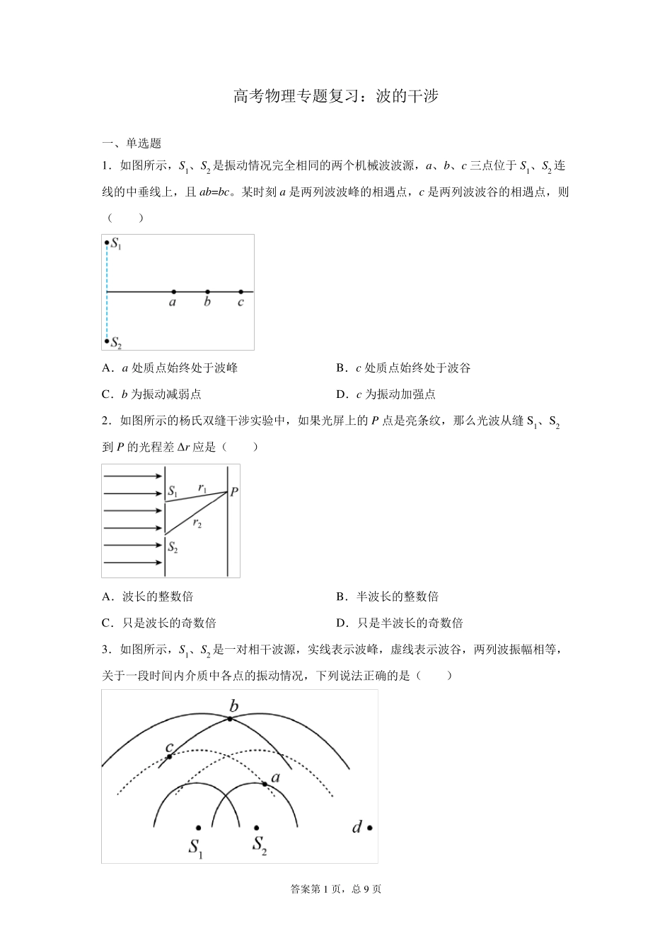 高考物理专题复习：波的干涉_第1页
