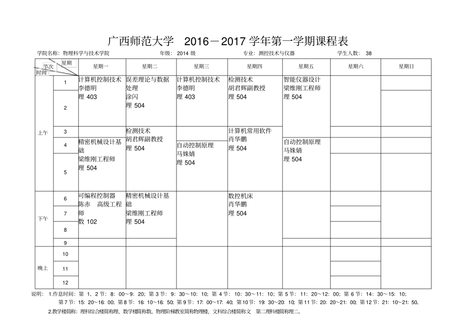 广西师范大学2012017学年第一学期课程表_第3页