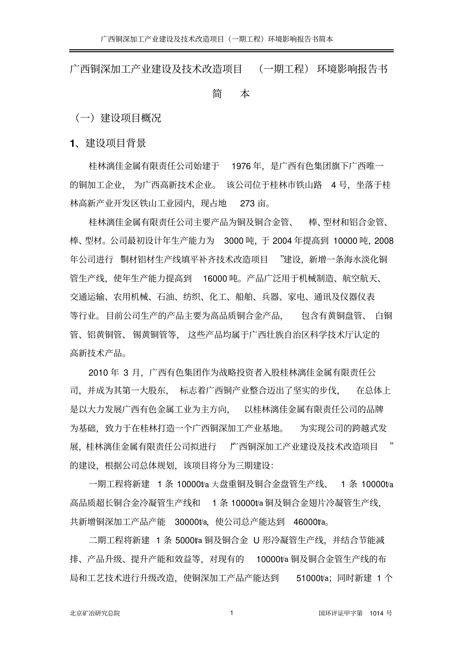 广西铜深加工产业建设及技术改造项目一期工程环境评价报告书_第1页