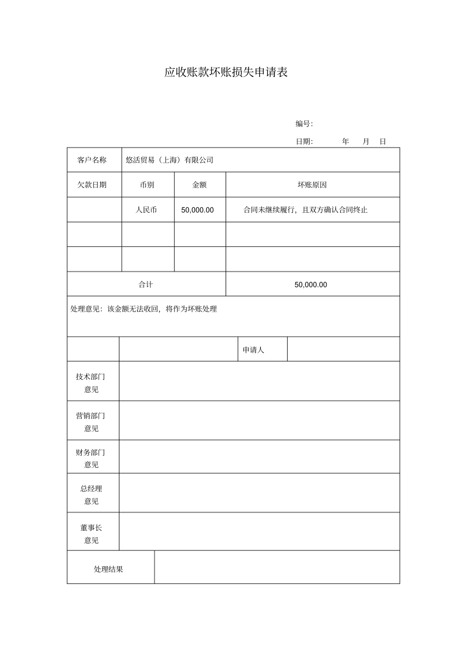 应收账款坏账损失申请表_第1页