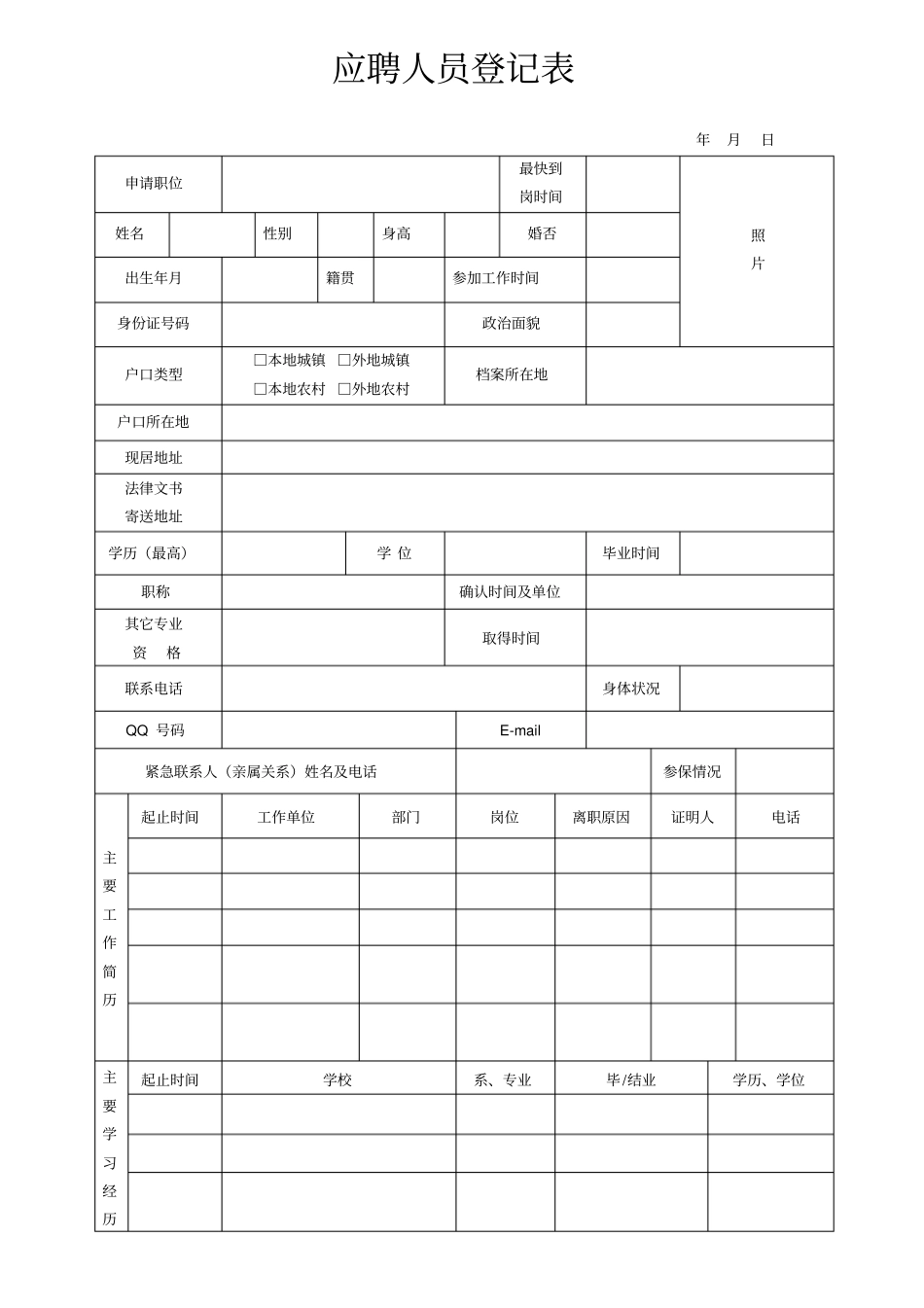应聘人员登记表全套模板A4大小打印_第1页