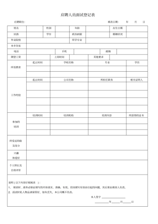 应聘人员面试登记表应聘者填写