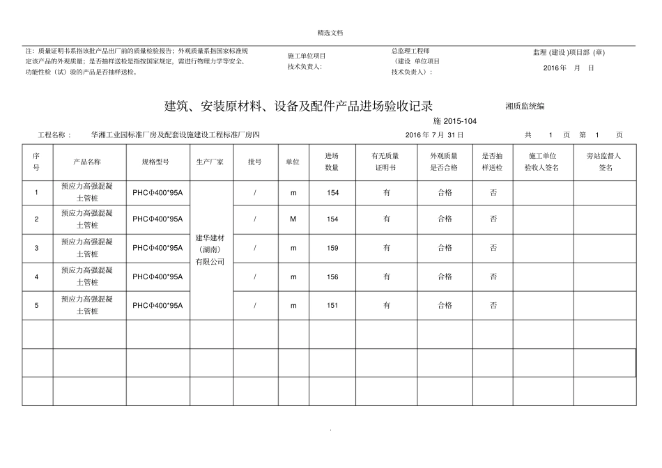 建筑、安装原材料、设备及配件产品进场验收记录_第2页