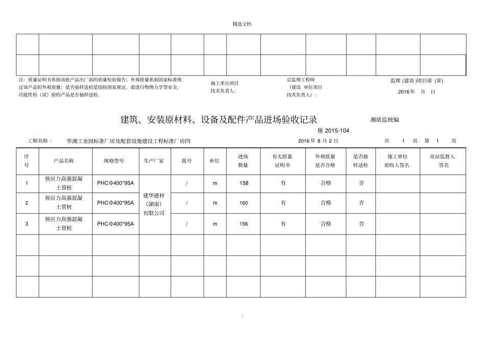 建筑、安装原材料、设备及配件产品进场验收记录_第3页
