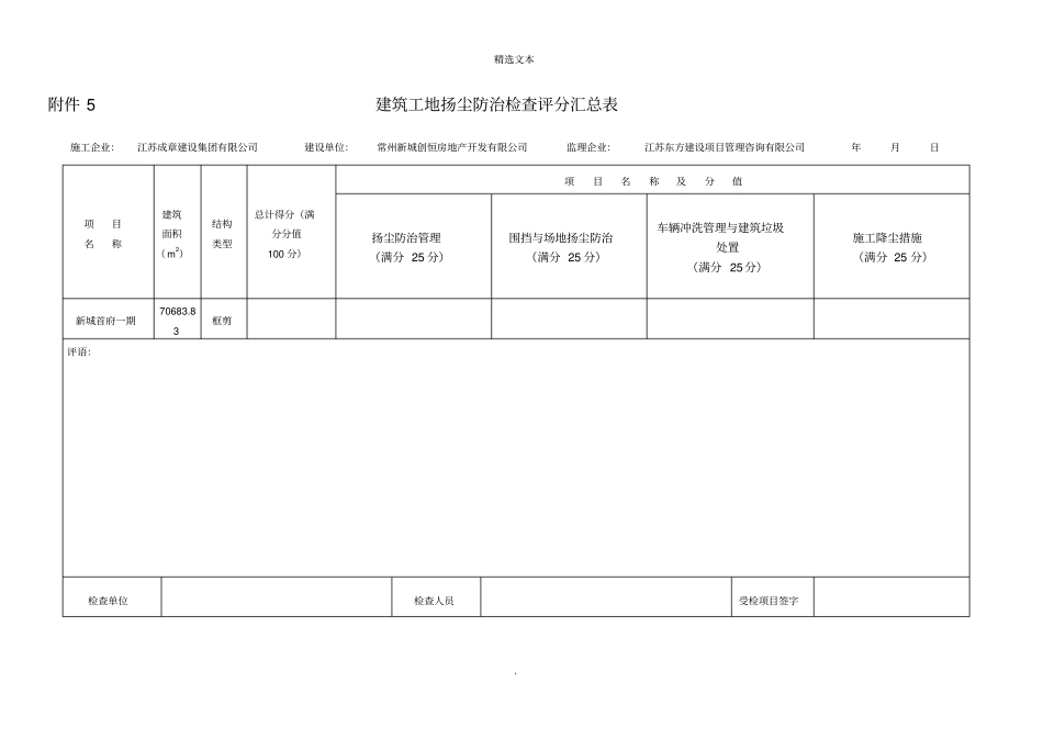 建筑工地扬尘防治分项检查评分表_第1页