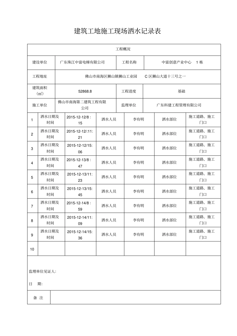 建筑工地施工现场洒水记录表资料_第2页