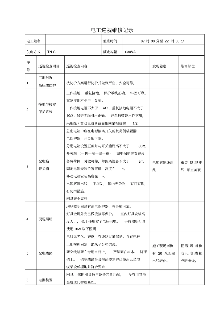 建筑工地现场电工巡视维修记录_第2页