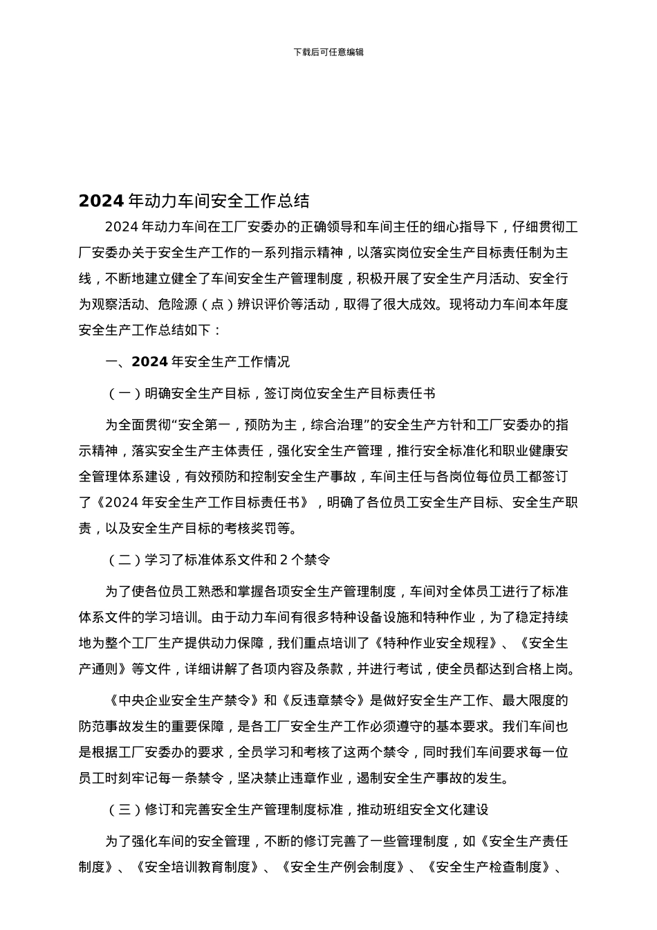 2024年动力车间安全工作总结_第1页