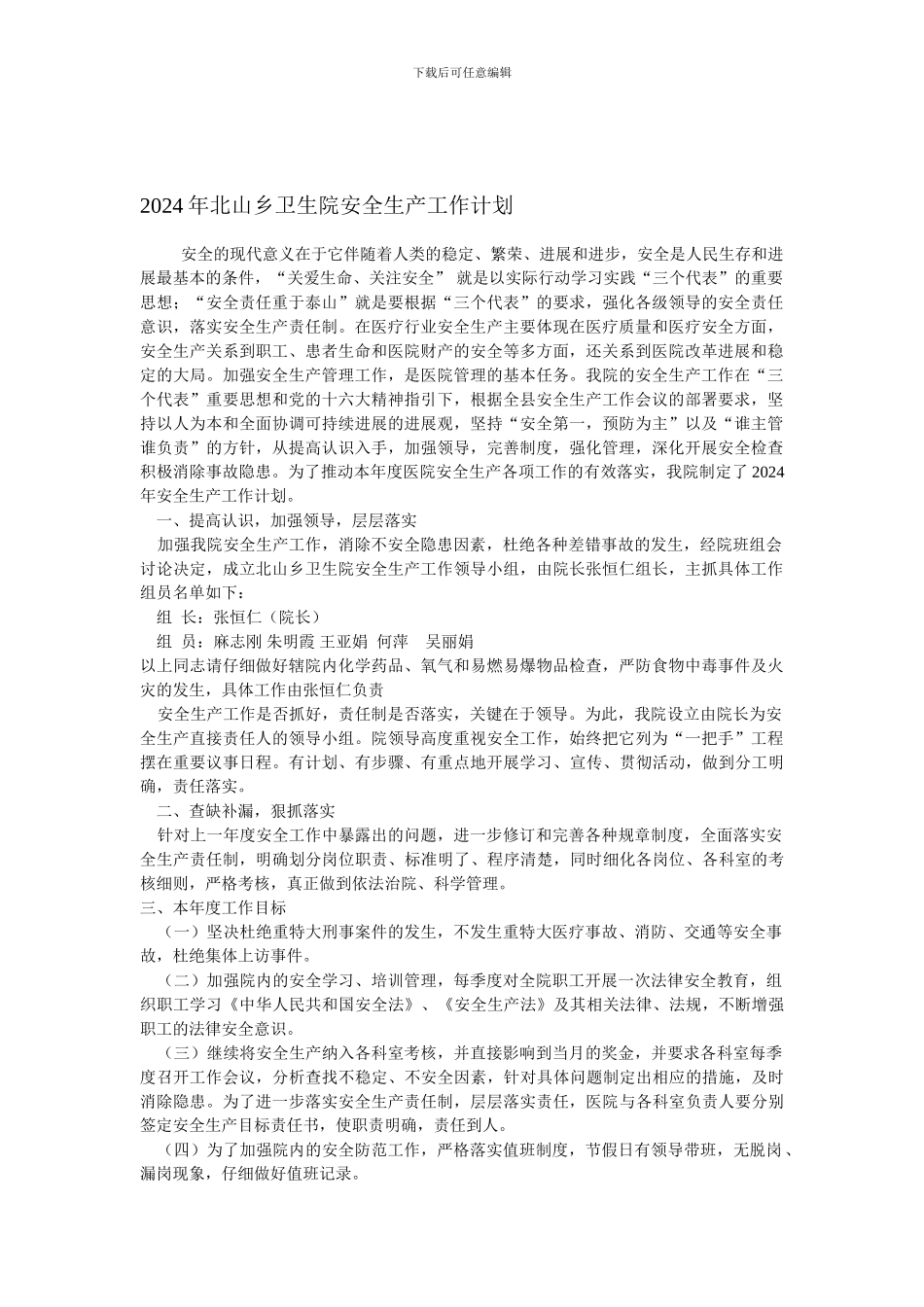 2024年北山乡卫生院安全生产工作计划_第1页