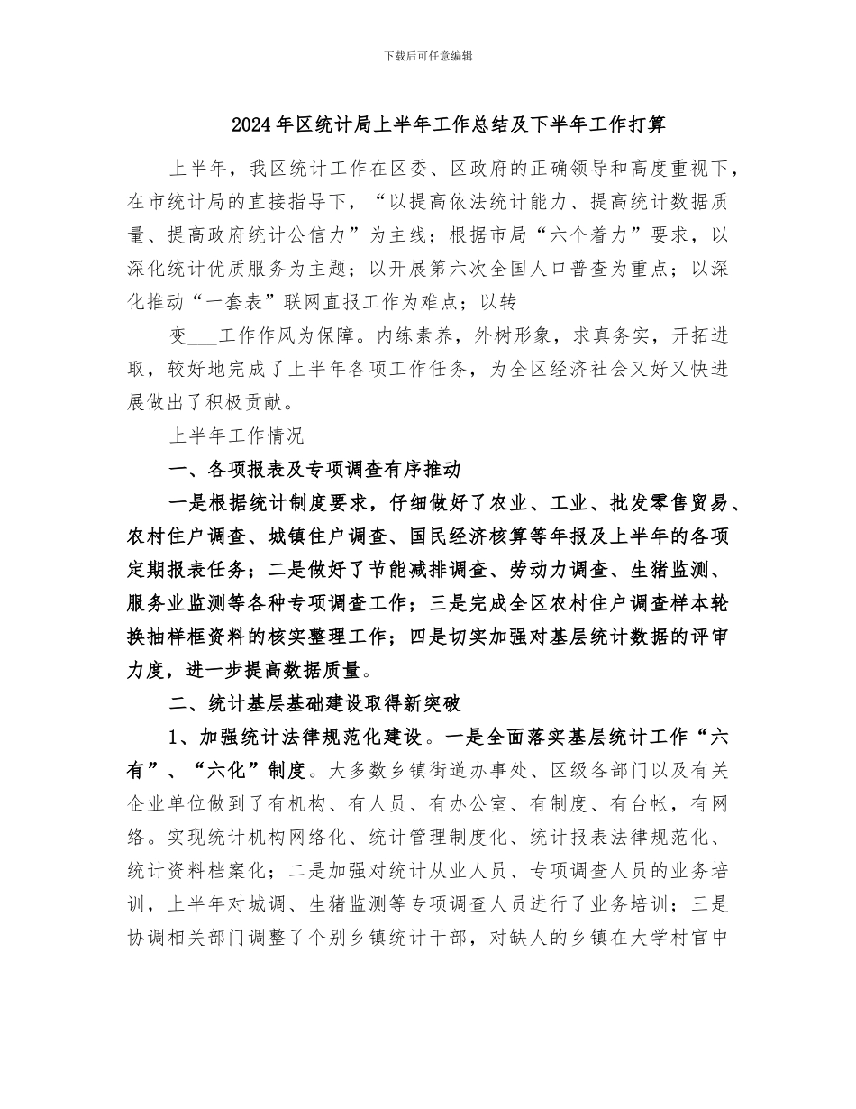 2024年区统计局上半年工作总结及下半年工作打算_第1页