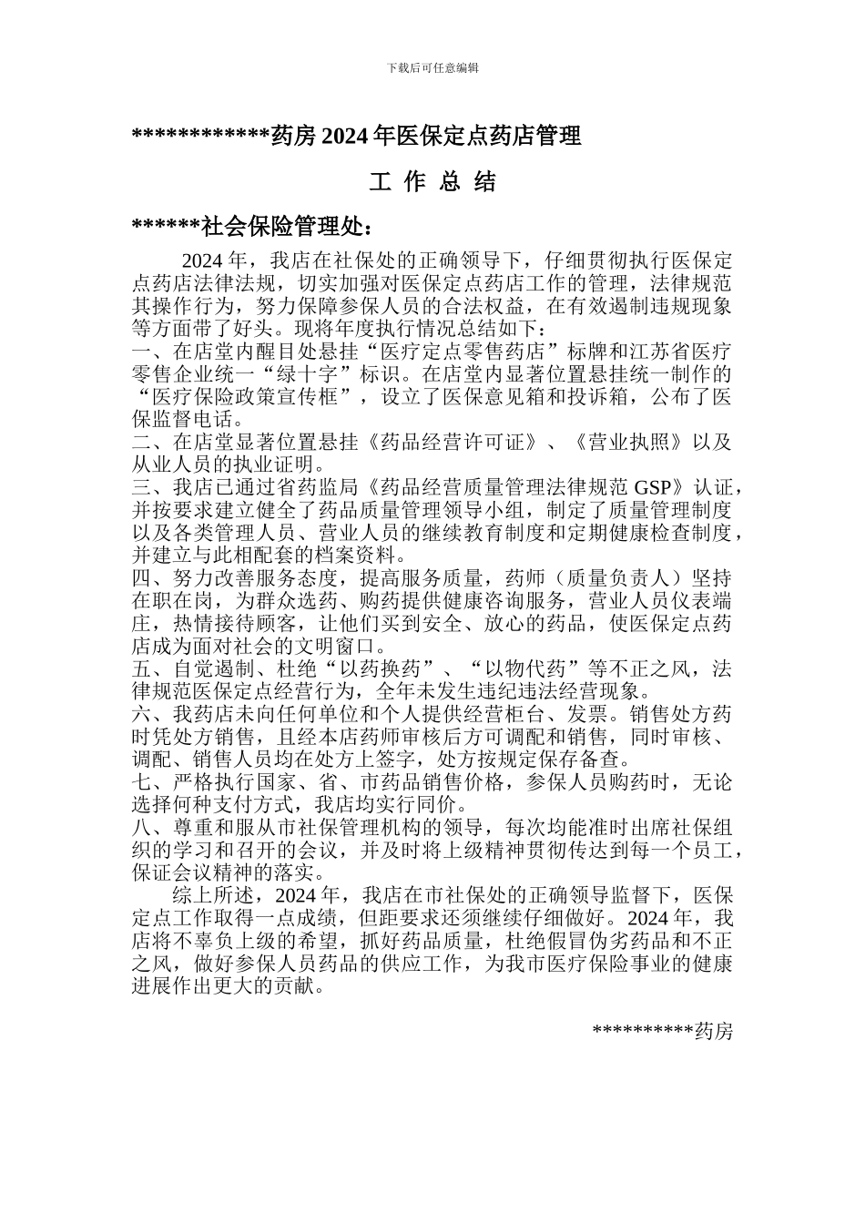 2024年医保定点药店管理工作总结_第1页