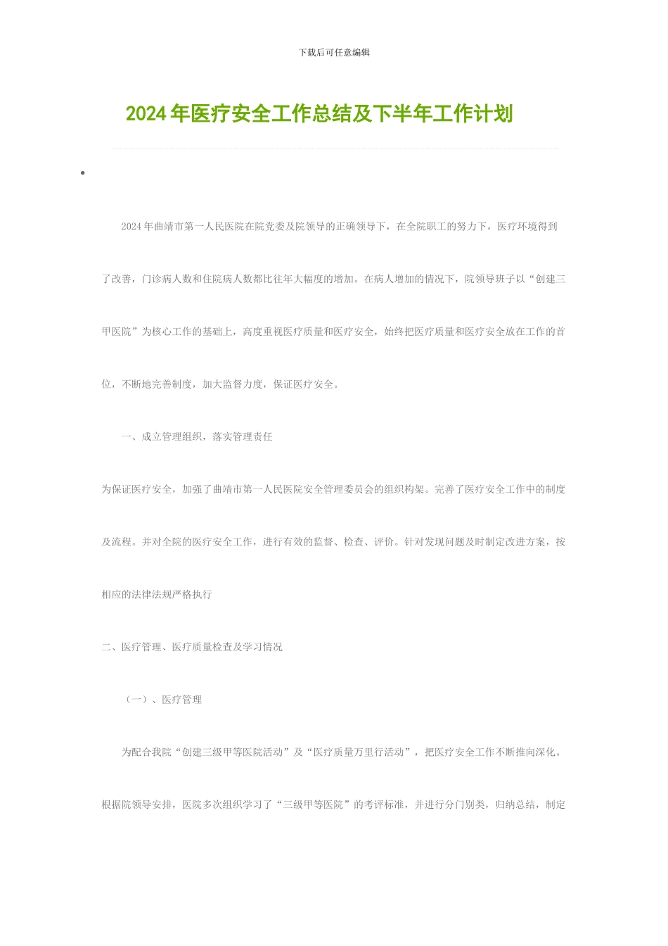 2024年医疗安全工作总结及下半年工作计划_第1页