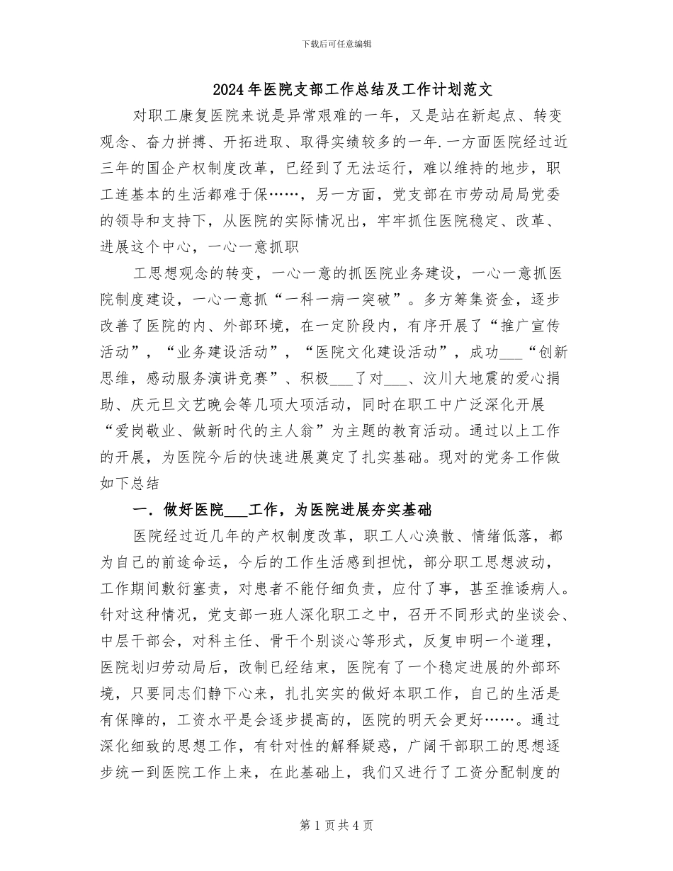 2024年医院支部工作总结及工作计划范文_第1页