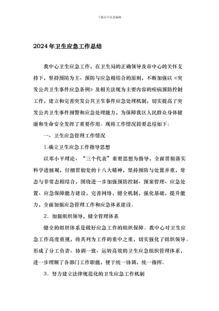 2024年卫生应急工作总结及2024年工作设想