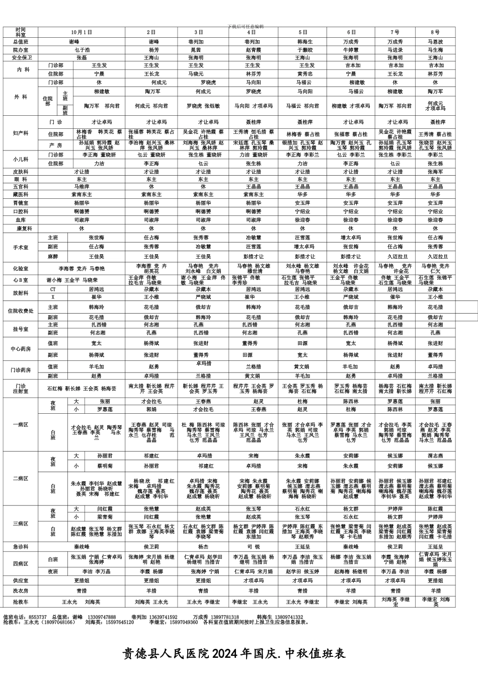 2024年国庆中秋值班表_第1页