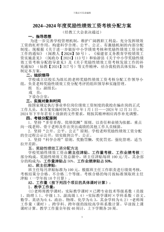 2024年奖励性绩效工资考核分配方案123