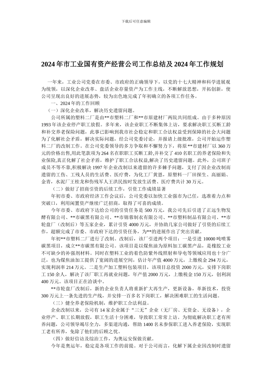 2024年市工业国有资产经营公司工作总结及2024年工作规划_第1页