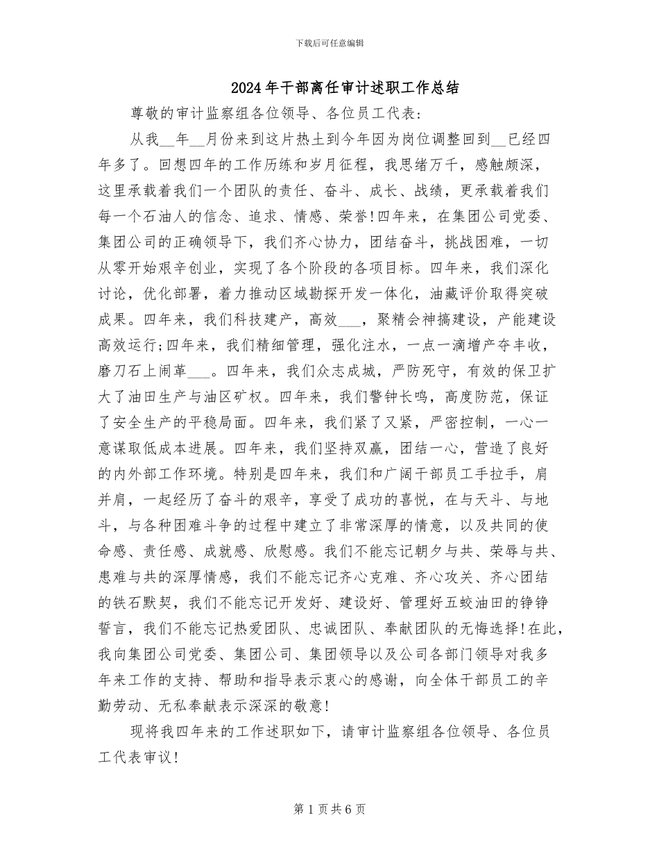 2024年干部离任审计述职工作总结_第1页