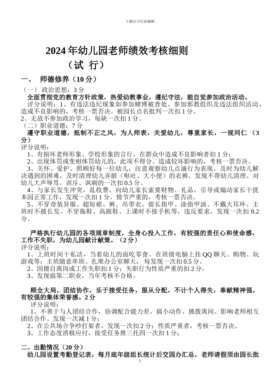 2024年幼儿园教师绩效考核细则_第1页