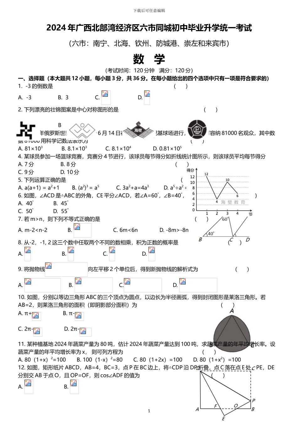 2024年广西四市同城南宁北海钦州防城港中考数学试卷和答案_第1页