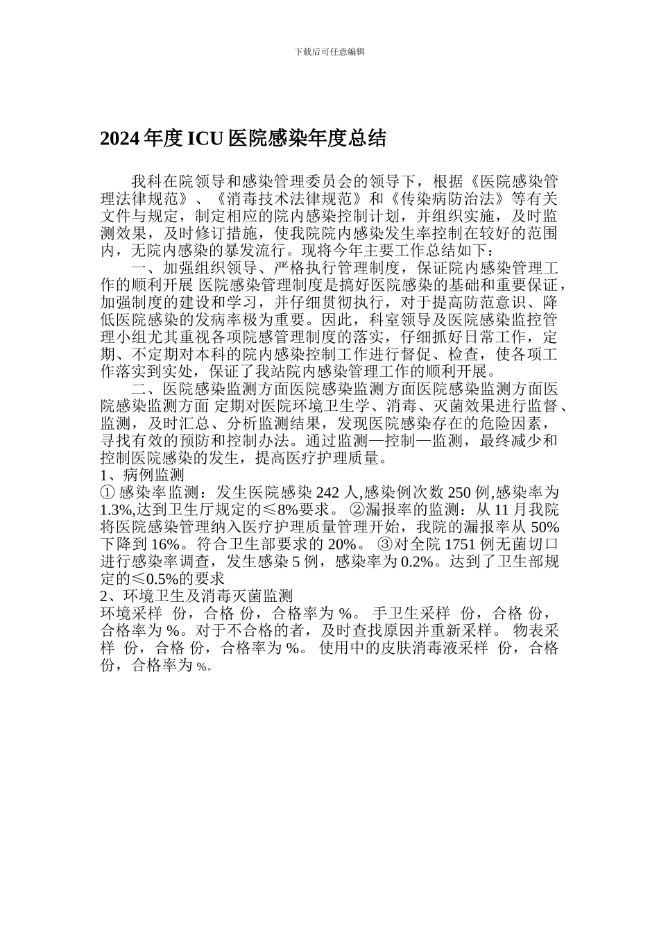 2024年度ICU医院感染年度总结_第1页