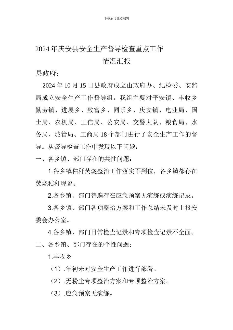 2024年庆安县安全生产督导组检查重点工作_第1页