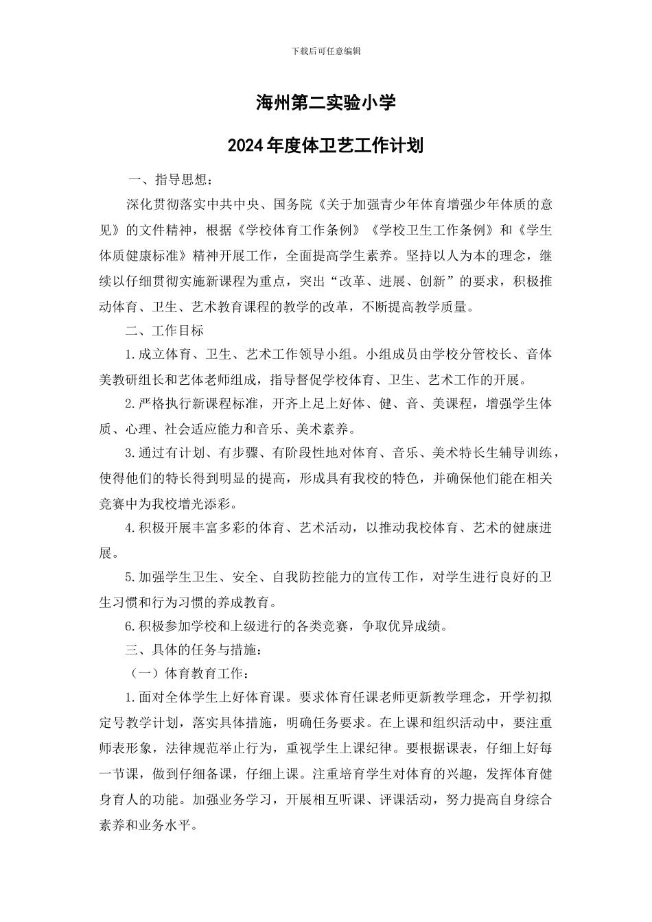 2024年度体卫艺工作计划_第1页