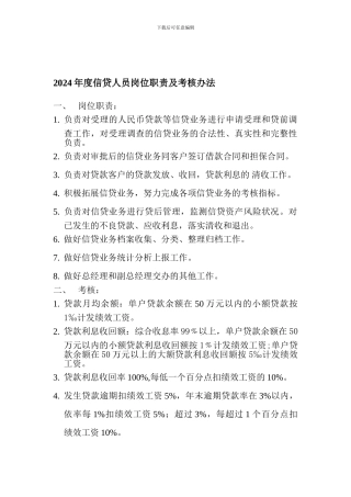 2024年度信贷人员岗位职责及考核办法