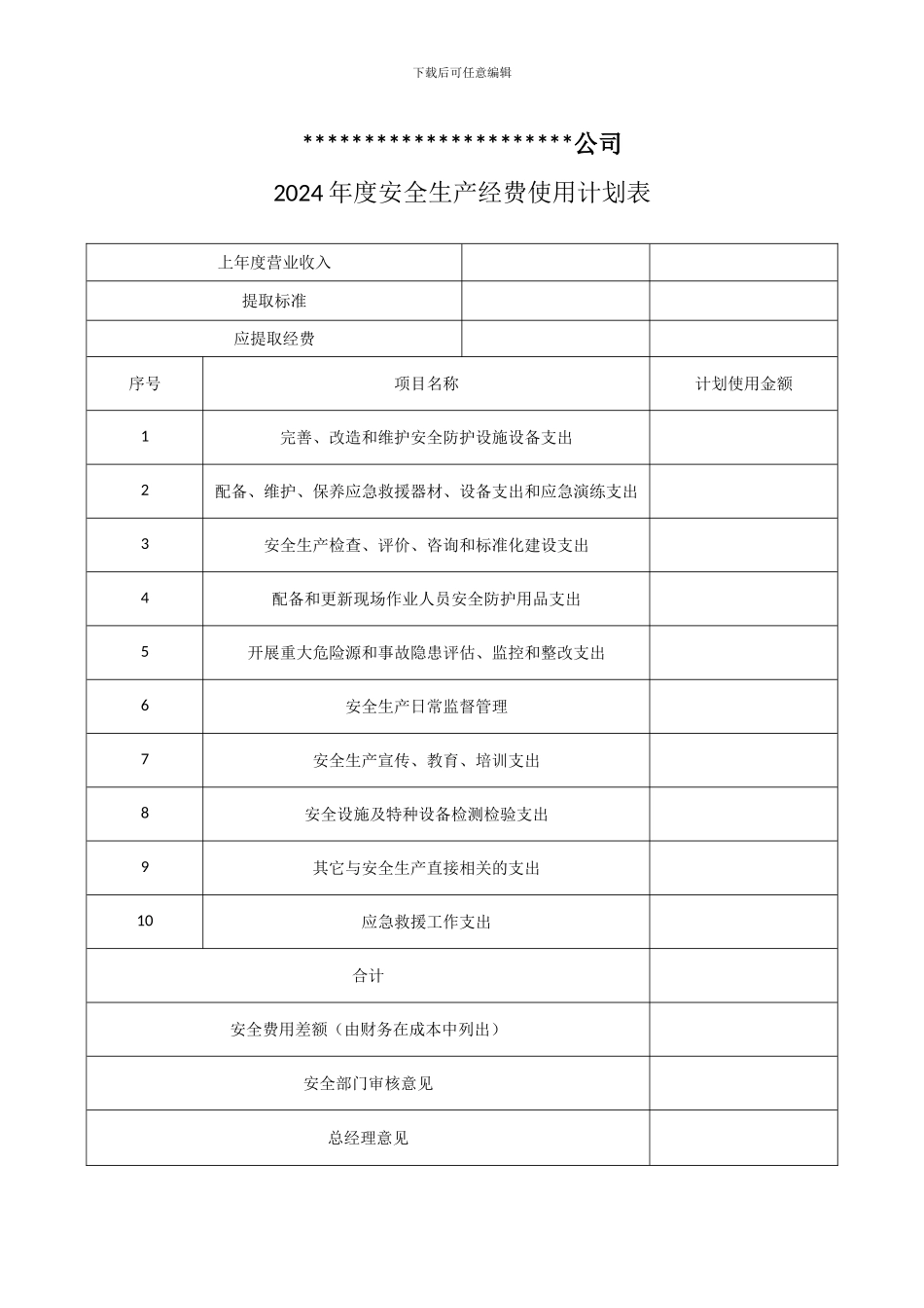 2024年度安全生产经费使用计划表_第1页