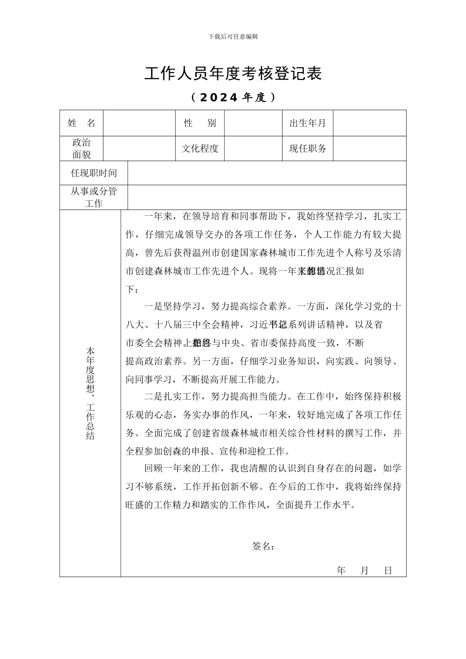 2024年度工作人员年度考核登记表_第1页