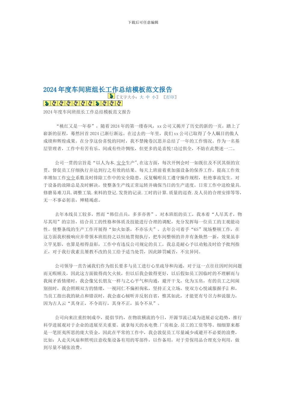 2024年度车间班组长工作总结模板范文报告_第1页