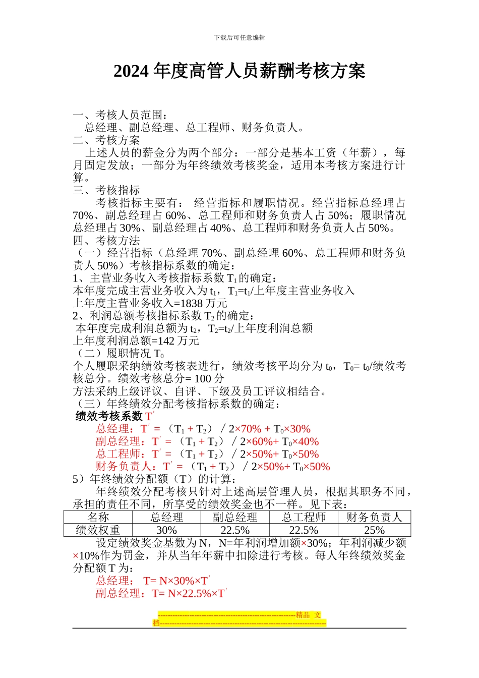 2024年度高管人员薪酬考核方案_第1页