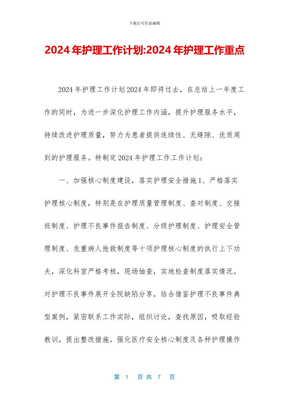 2024年护理工作计划-2024年护理工作重点_第1页