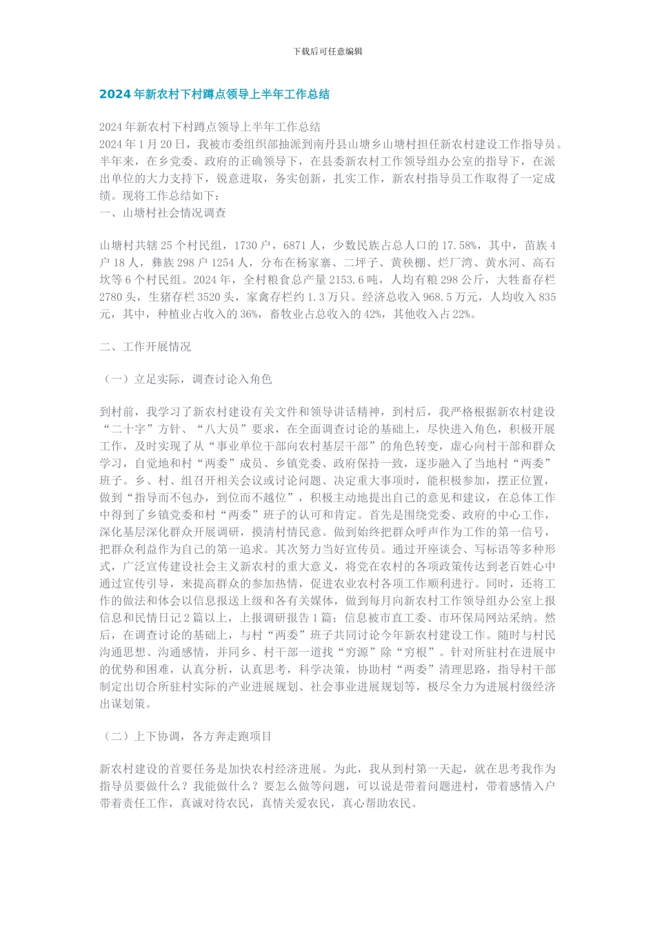 2024年新农村下村蹲点领导上半年工作总结_第1页