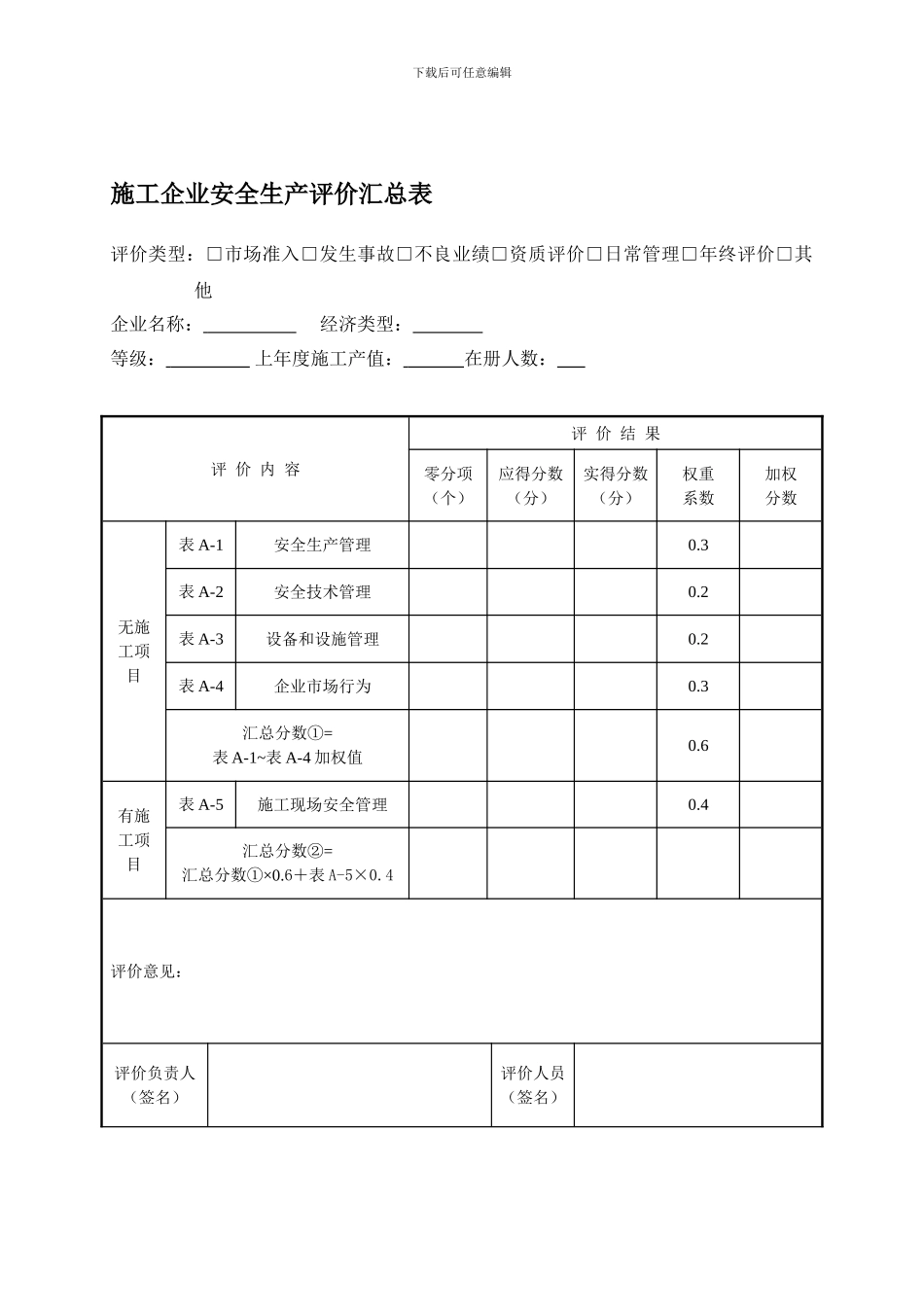 2024年施工企业安全生产评价汇总表_第1页