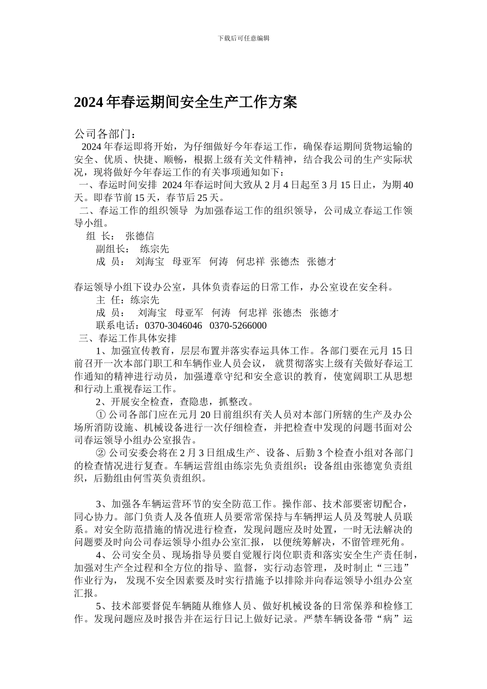 2024年春运期间安全生产工作方案_第1页