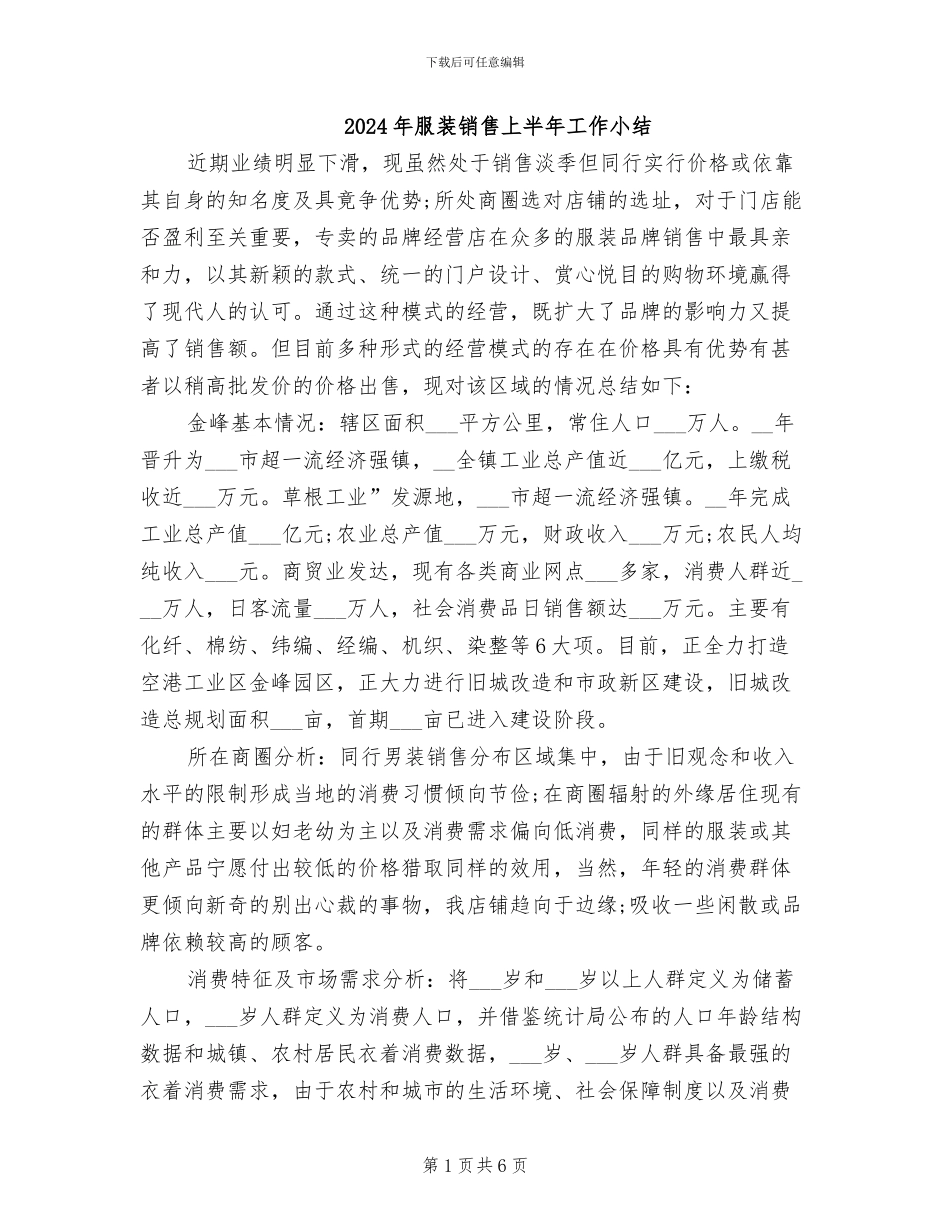 2024年服装销售上半年工作小结_第1页