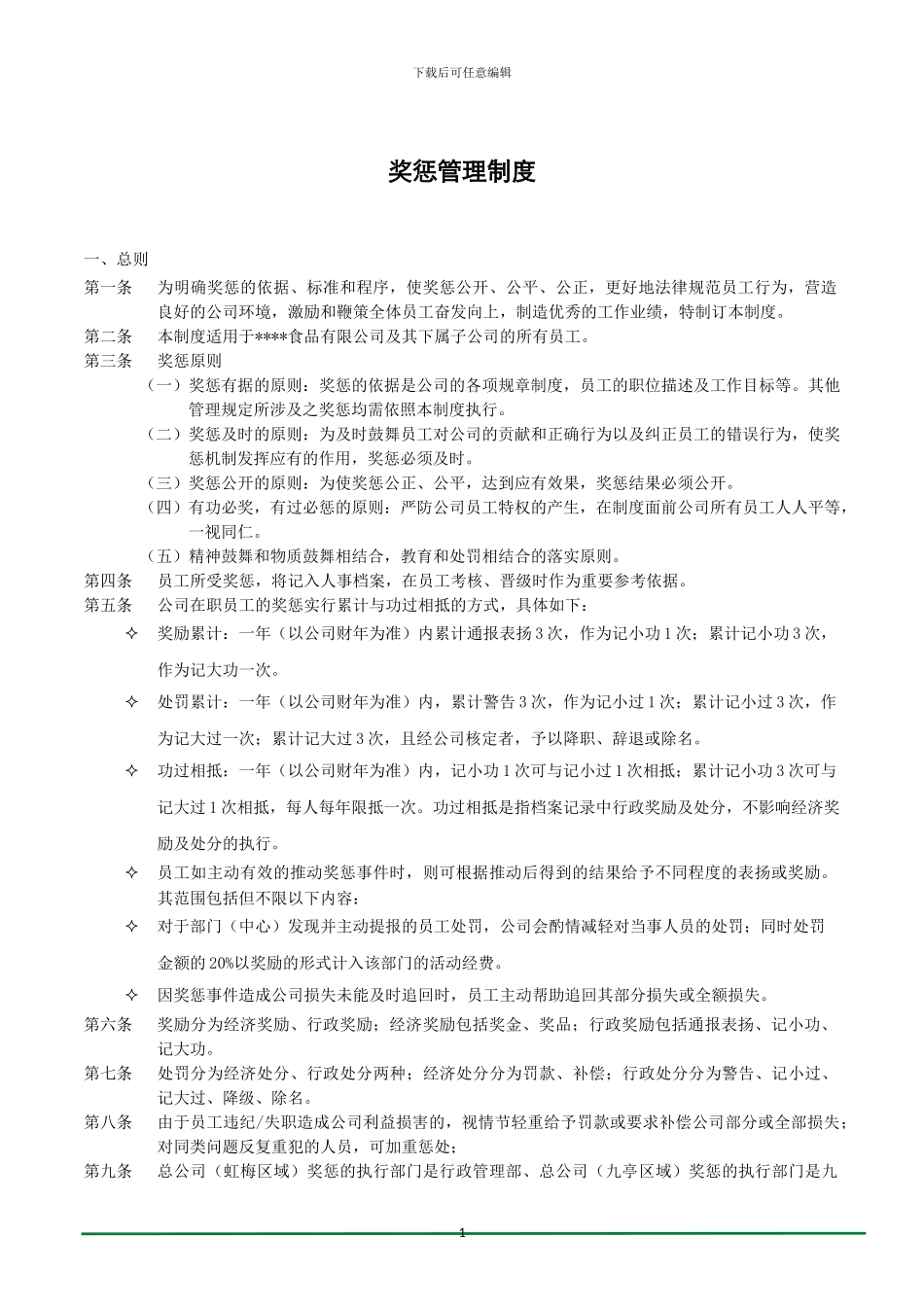 2024年某食品公司奖惩管理制度_第1页