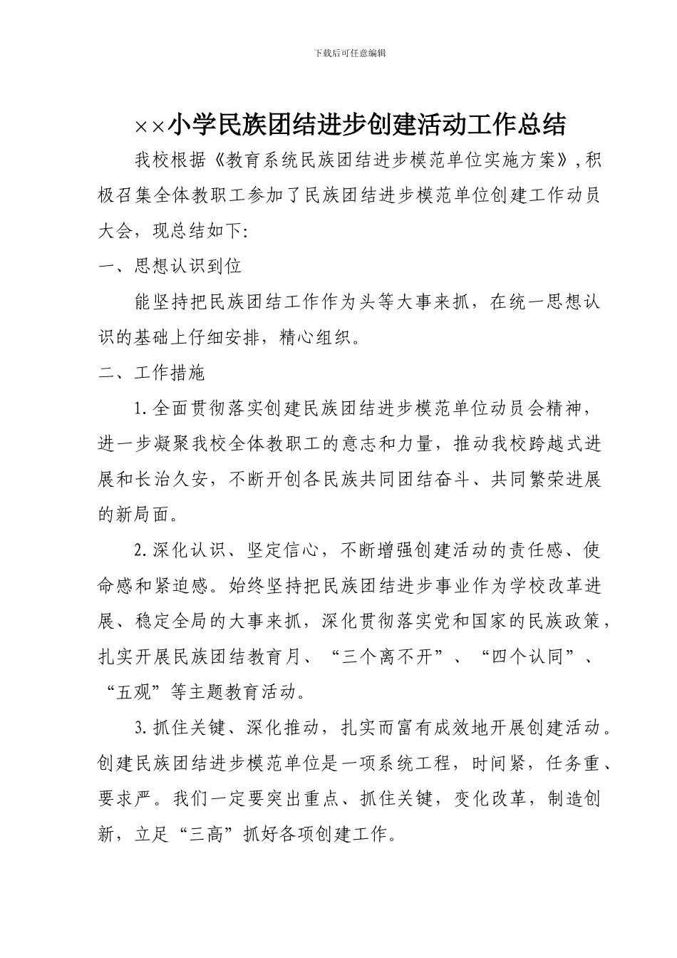 2024年民族团结进步示范学校创建工作总结_第1页