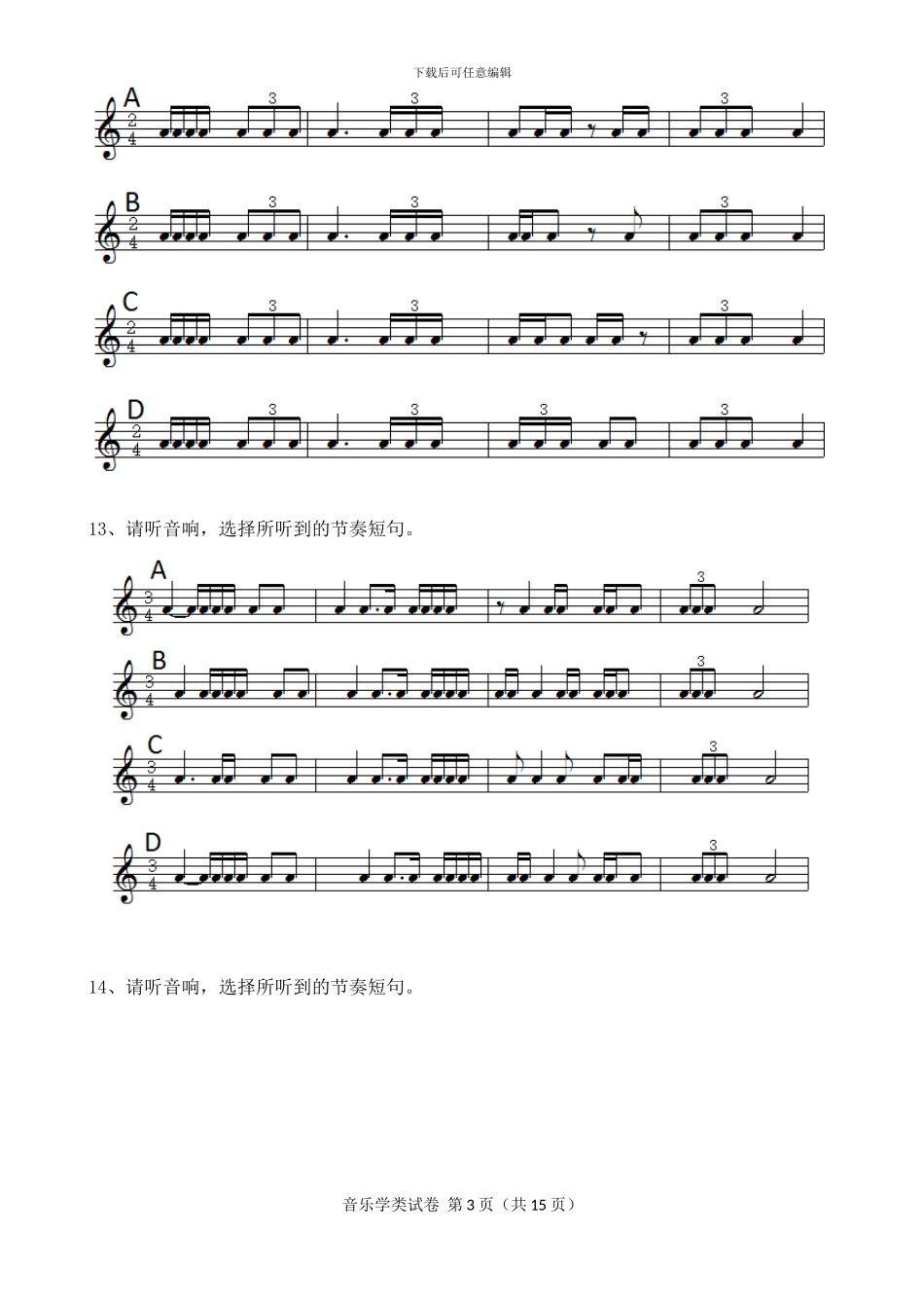 2024年湖北省普通高校招生艺术专业统一考试笔试音乐学类模拟试卷_第3页