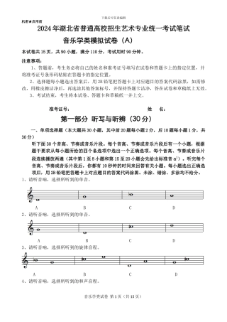 2024年湖北省普通高校招生艺术专业统一考试笔试音乐学类模拟试卷